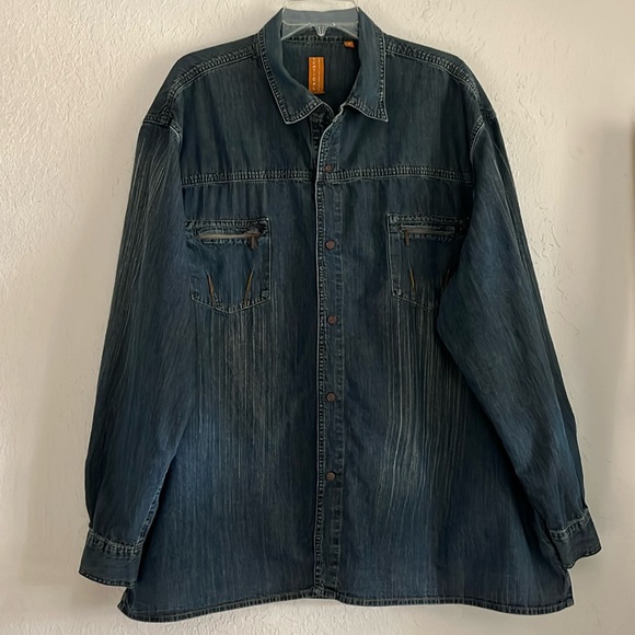 Robert Comstock Vertical Men's Blue Denim Shirt Jacket Snap Closures Distressed - Picture 1 of 16